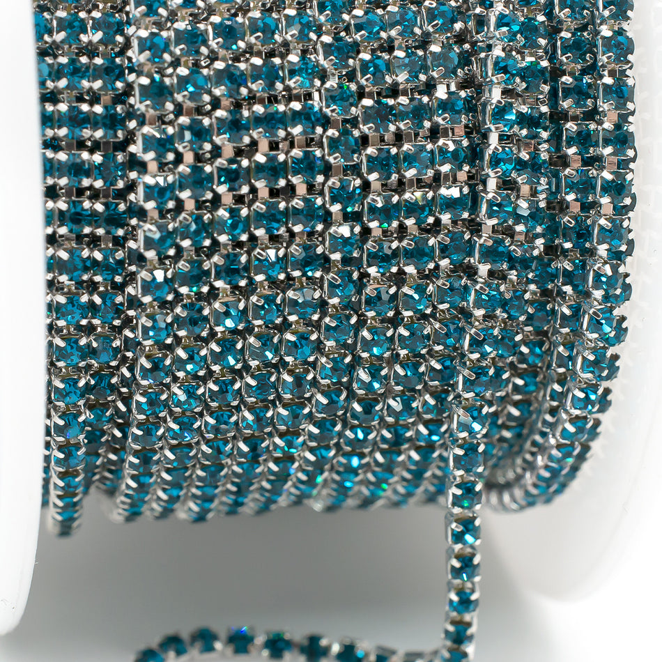 Стразовий ланцюг ss8 (2,5 мм) 1 м Aquamarine dark silver