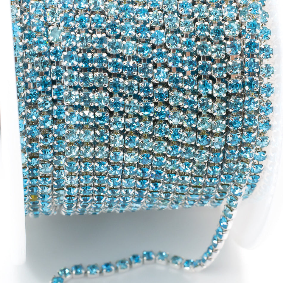 Стразовий ланцюг ss6 (2 мм) 1 м Aquamarine silver